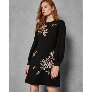 Ted Baker London Lillian Graceful Dress Embroidery Birds Black Size 2 (US 4-6)